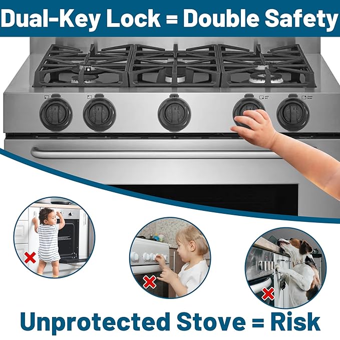 Oven Knob Covers for Child Safety 5 Pack, Black Stove Knob Safety Covers & Gas Stove Locks, Heat-Resistant Adhesive, Double-Key Baby Proof Covers for Gas/Electric Burners,Childproof Protector for Kids