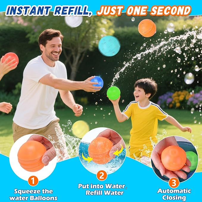 Reusable Water Balloons, 12 Pcs Self-Sealing Quick Fill Silicone Water Bombs, One-Hand Easy Fill Refillable Summer Pool Toys for Kids & Adults, Durable Splash Balls for Water Fight Games