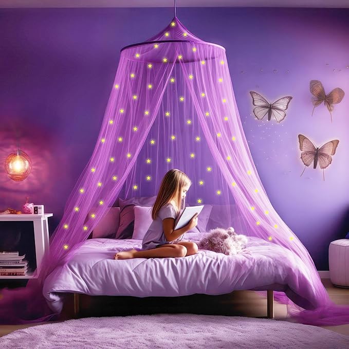 Purple Canopy for Girls Bed with Pre-Glued Glow in The Dark Stars - Princess Mosquito Net Room Decor - Kids & Baby Bedroom Tent with Galaxy Lights - 1 Opening Canopy Bed & Hanging Kit Included