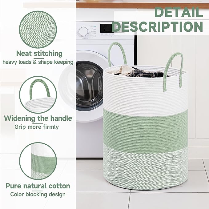 CLHMILY&Z 100L Laundry Basket Round Storage Rope Basket - 18.1x24 Inches - Green Hamper in Bedreoom and Cute Storage Bin for Blankets, Toys, and Nursery Essentials
