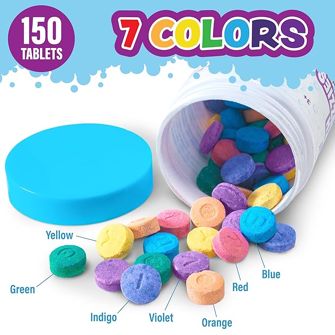 Bath Color Tablets for Kids, 150 Count | Nontoxic & Fragrance-Free | Fizzy & Vivid Bath Color Tablets Create Fun Bath Colors | 7 Colored Water Tablets for Variety | BathBombs for Kids Bath