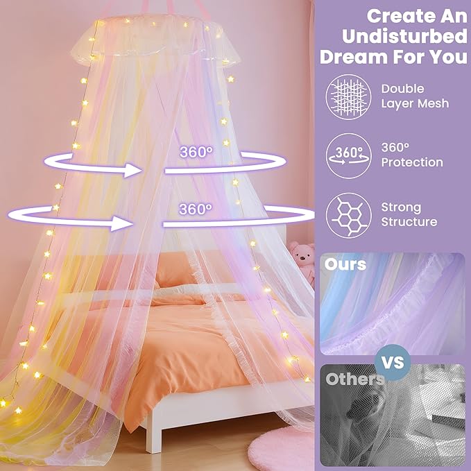 Rainbow Bed Canopy with Lights for Girls | Double Layer Mesh Netting Princess's Birthday Gift Ruffle Lace Decor for Room Bed Canopy Netting Mosquito Net | Home Decor for Twin/Full/Queen/King