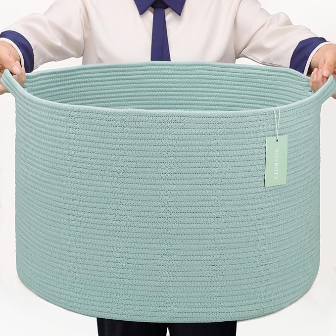 Extra Large Blanket Basket 87L, Laundry Hamper, Baby Nursery Hamper for Storage Toys Clothes Towels, Large Cotton Rope Laundry Basket for Girls Boys, 22”x 14”, Light Green