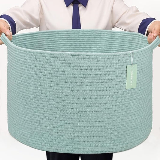 Extra Large Blanket Basket 87L, Laundry Hamper, Baby Nursery Hamper for Storage Toys Clothes Towels, Large Cotton Rope Laundry Basket for Girls Boys, 22”x 14”, Light Green