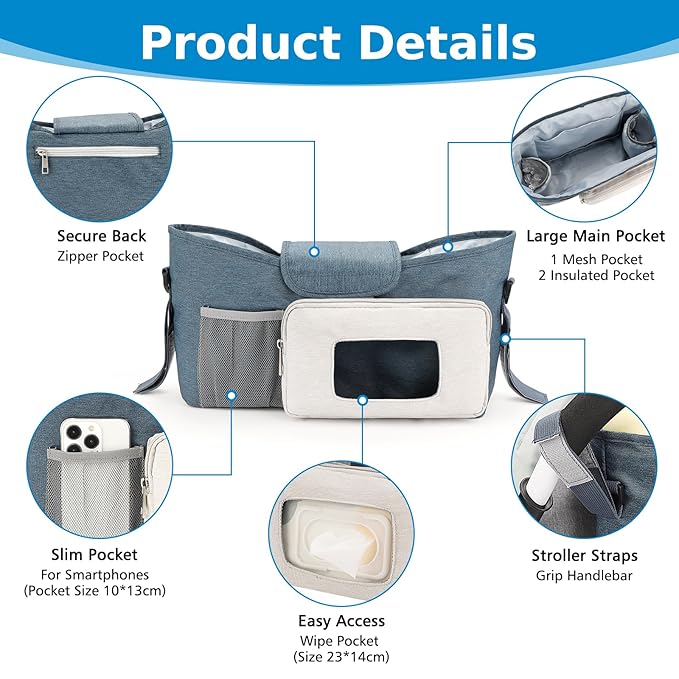 Accmor Universal Stroller Organizer with Insulated Cup Holder, Stroller Caddy Bag Accessories, Stroller Cup Holder Organizer for Uppababy Baby Jogger Britax Stroller, Blue