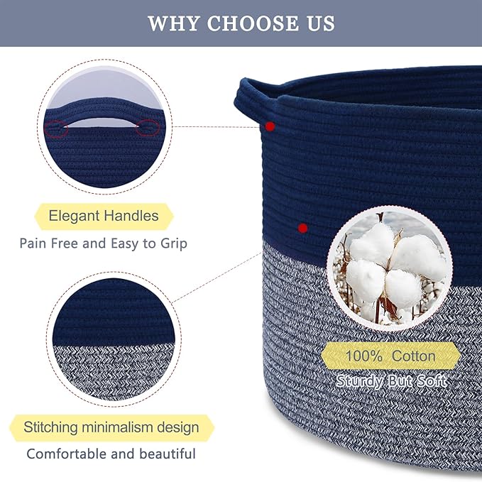 Extra Large Blanket Basket 87L, Laundry Hamper, Baby Nursery Hamper for Storage Toys Clothes Towels, Large Cotton Rope Laundry Basket for Girls Boys, 22”x 14”, Navy Blue