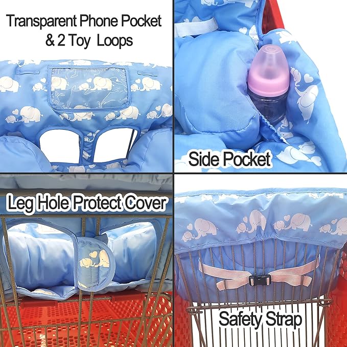 Soft Pillow Attached 2-in-1 Shopping Cart and High Chair Cover for Baby, Cotton Padded Cart Cover, Fold'n Roll Style, Portable with Carry Bag (Blue Elephant)