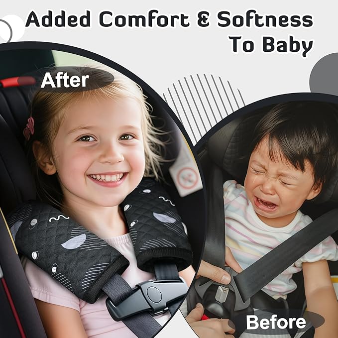 INFANZIA Car Seat Strap Covers for Infants Babies, Soft Carseat Shoulder Pads for Kids, Double-Sided Use Seatbelt Cushion Covers for Stroller, Pushchair & High Chair (Black)