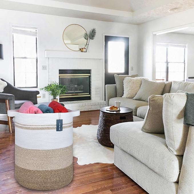 COMSE Extra Large Blanket Basket, Tall Laundry Basket, Nursery Hamper, 15.7”x 21.7”, Cotton Rope Woven Laundry Hamper for Storage Toys Clothes Towels, Gradient Brown