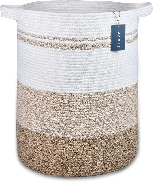 COMSE Extra Large Blanket Basket, Tall Laundry Basket, Nursery Hamper, 15.7”x 21.7”, Cotton Rope Woven Laundry Hamper for Storage Toys Clothes Towels, Gradient Brown