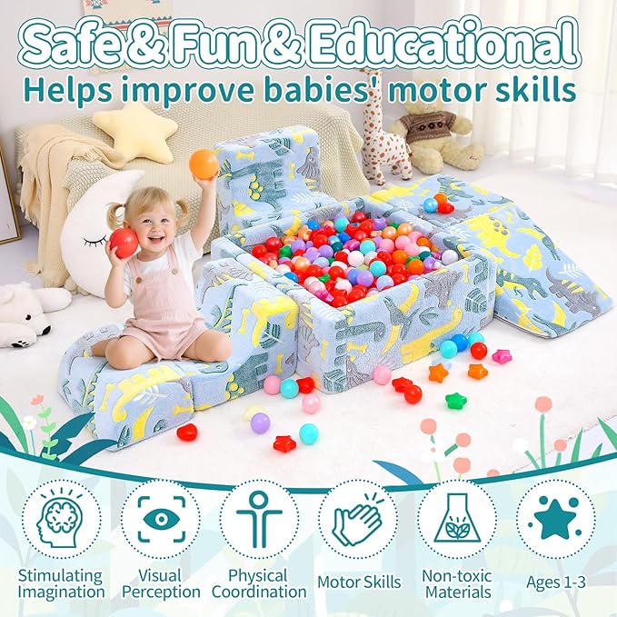 Foam Climbing Blocks, 5 Pcs Soft Play Set with Ball Pit, Baby Toddler Climbing Toys Indoor, Indoor Climbing Blocks for Toddlers 1-3, Indoor Climb Soft Play Equipment, Dinosaur(No Balls)