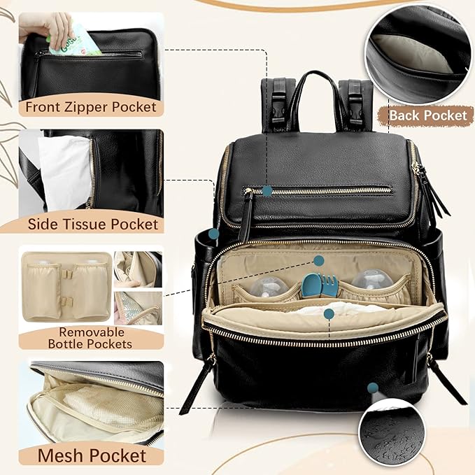 Diaper Bag Backpack Baby Diaper Bag Leather with 17 Diaper Bag Organizing Pouches,Changing Pad,Stroller Straps,4 Insulated Pockets,Black
