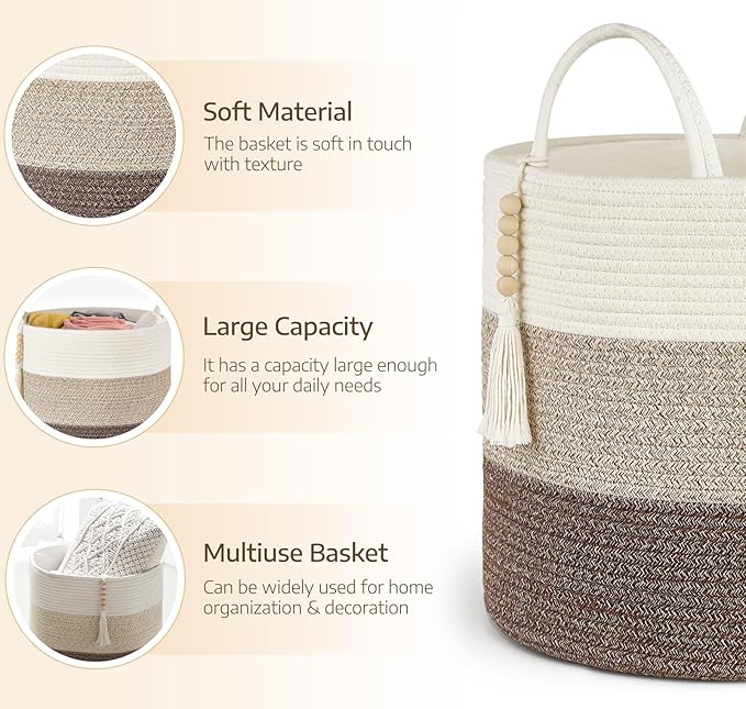 Mkono Woven Storage Basket Decorative Natural Rope Basket Wooden Bead Decoration for Blankets,Toys,Clothes,Shoes,Plant Organizer Bin with Handles Living Room Home Decor, 16"W × 13.8"L
