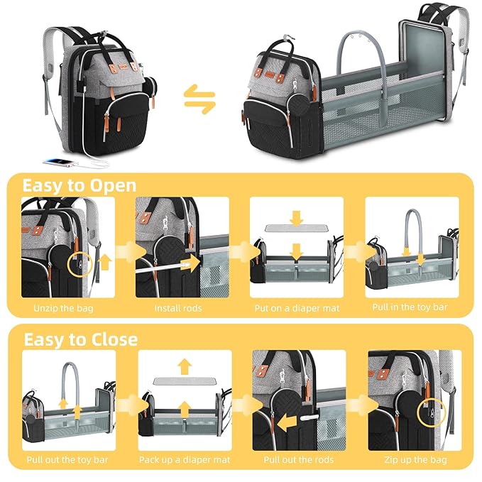 Diaper Bag Backpack with Changing Station, Multifunctional Diaper Bag, Extra Large Capacity, Baby Bag, GreyBlack