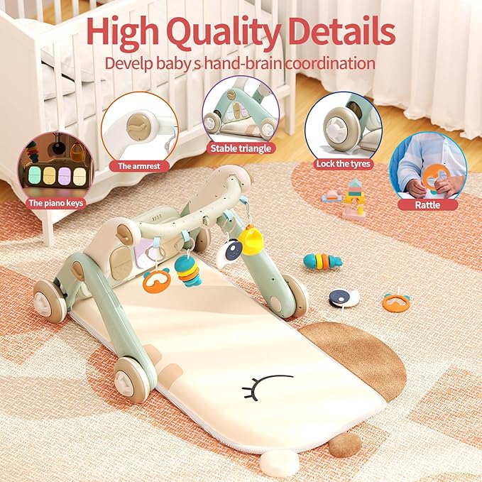 2 in 1 Baby Gym with Walker,Baby Play Mat with 4 Infant Learning Sensory,Double-Sided Multifunctional Removable Play Piano Panel,Sit-to-Stand Learning Walker for 0-24 Months Boy Girl [White]