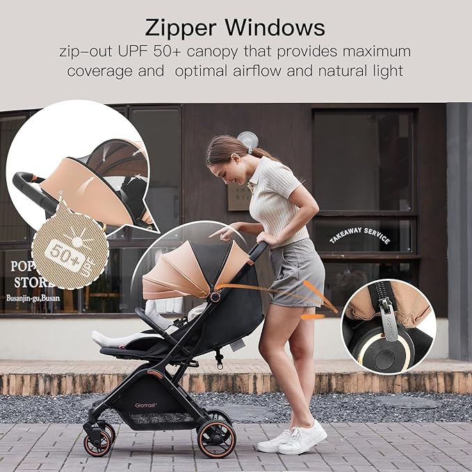 Gravity Folding Baby Stroller - Portable Travel Toddler Stroller w/Adjustable Backrest & Canopy, Lightweight and UV Protected, One-Hand Automatic Folding - Khaki