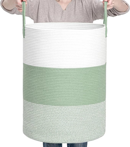CLHMILY&Z 100L Laundry Basket Round Storage Rope Basket - 18.1x24 Inches - Green Hamper in Bedreoom and Cute Storage Bin for Blankets, Toys, and Nursery Essentials