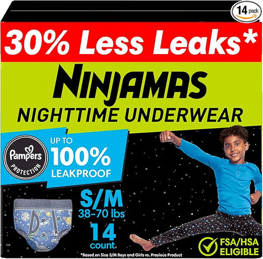 Ninjamas Boys Bedwetting Nighttime Underwear Boys - Size S/M (38-70 lbs), 14 Count, Overnight Protection, Ultra Absorbent, Hypoallergenic