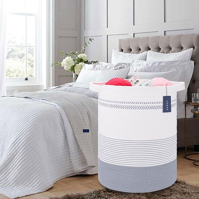 COMSE Extra Large Blanket Basket, Tall Laundry Basket, Nursery Hamper, 15.7”x 21.7”, Cotton Rope Woven Laundry Hamper for Storage Toys Clothes Towels, Light Gray & White