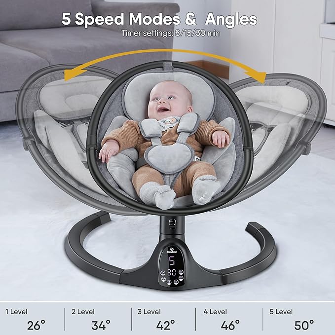 BabyBond Baby Swings for Infants to Toddler | Bluetooth Baby Swing with 3 Seat Positions | 5 Natural Sway Motion | Bluetooth Music | 5-Point Harness | Includes Remote Control