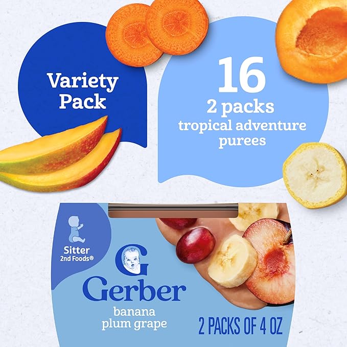 Gerber Stage 2 Baby Food, Tropical Adventure Puree Tubs, No Added Colors or Flavors, Baby Puree, Variety 32-Pack