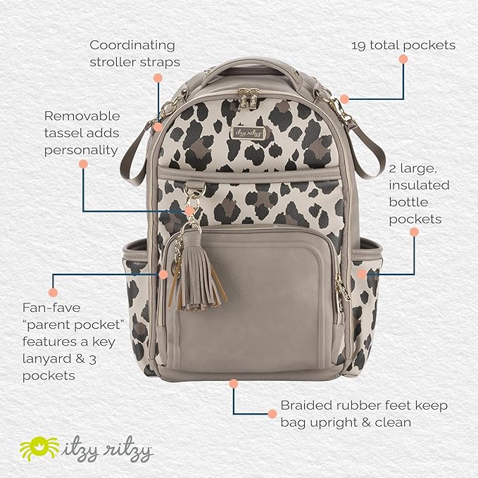 Itzy Ritzy Diaper Bag Backpack – Large Capacity Boss Plus Baby Backpack Diaper Bag Featuring 19 Pockets, Changing Pad, Stroller Clips, and Comfortable Straps (Leopard)