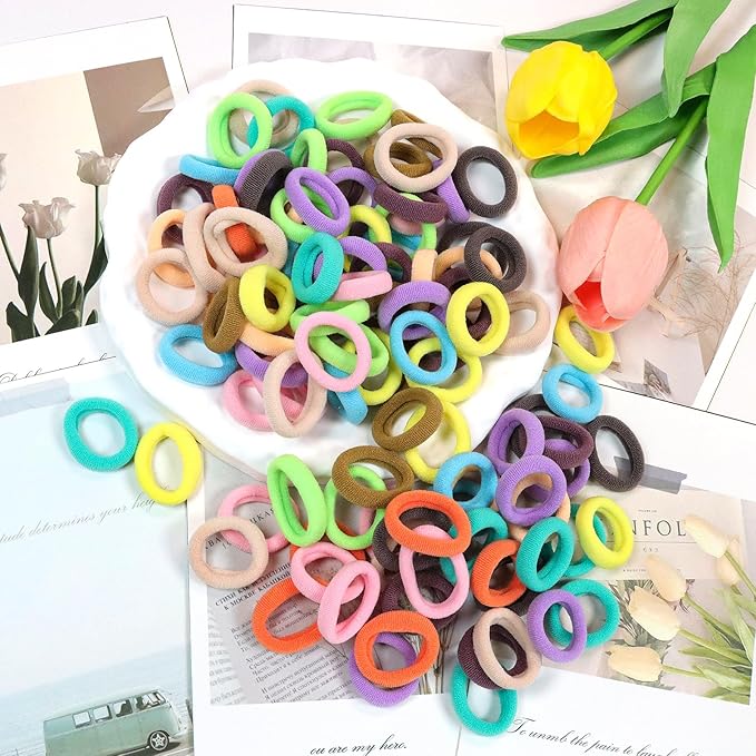 WillingTee 120 Pcs Baby Hair Ties, Cotton Toddler Hair Ties for Girls and Kids, Multicolor Small Seamless Hair Bands Elastic Ponytail Holders,Spring Color