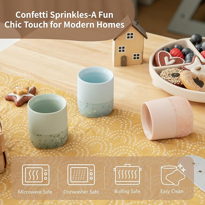 Moonkie Silicone Baby Cups 4 Months+ | Tiny Open Training Cups for Infants with Confetti Sprinkles | Baby-Led Weaning Essential | 2 oz (Blush/Soft Lilac, 2 Pack)