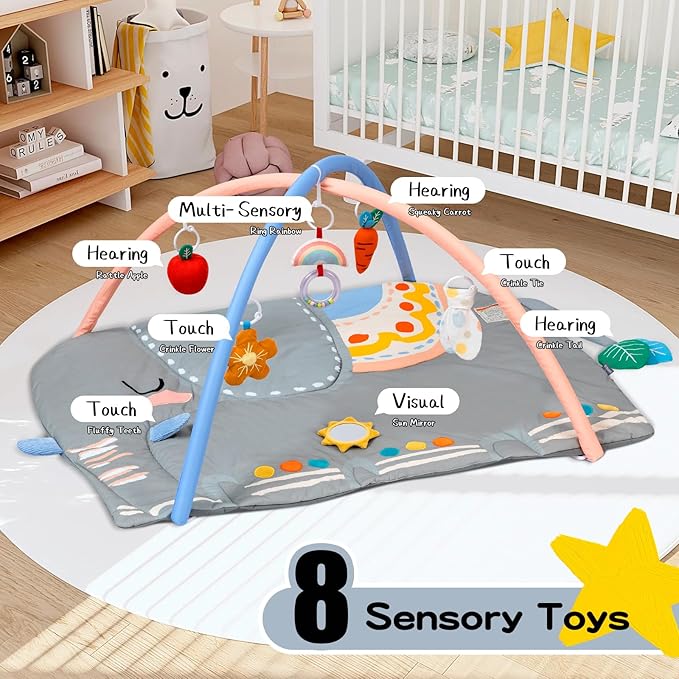 Baby Play Gym & Activity Mat, Oversize Elephant Baby Play Mat w 6 Detachable Toys, Tummy Time Mat Promote Motor Skills & Sensory Development Mat, Newborn Infant Baby Essentials Gift