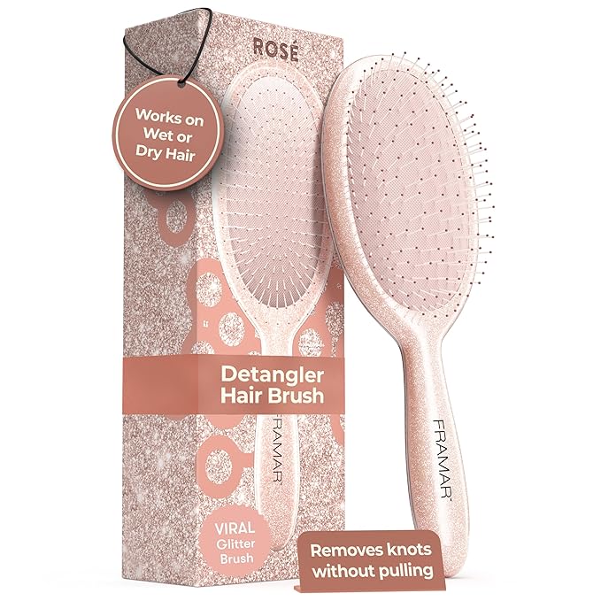 FRAMAR Glitter Hair Brush Detangler, Detangling Hairbrush For Women, Wet Hair Brush For Girls, Hair Detangler Brush, Wet Hairbrush, Hairbrushes, Girls Hairbrush Detangler, Reduces Frizz – Rosé