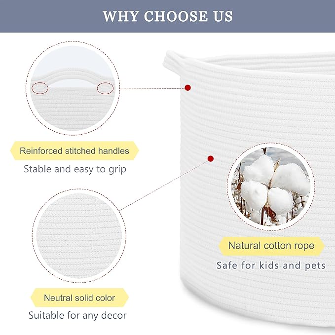 Extra Large Blanket Basket 87L, Laundry Hamper, Baby Nursery Hamper for Storage Toys Clothes Towels, Large Cotton Rope Laundry Basket for Girls Boys, 22”x 14”, White