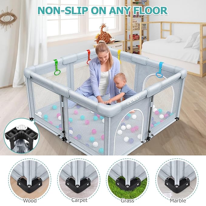 OCATO Baby Playpen: Foldable Playpen for Babies and Toddlers Large Play Pen Portable Playpen Fence Indoor Outdoor Kids Safety Area Travel Play Yard with 1 Storage Bags 4 Handlers 50 Balls (50" × 50")