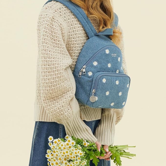JuJuBe Mini Diaper Bag Backpack, Machine Washable Travel Backpack w/Adjustable Straps & 2 Pockets for Baby Bottles, Diapers, Pacifiers, Snacks, Changing Pad & Daily Essentials, Denim & Daisies (Blue)