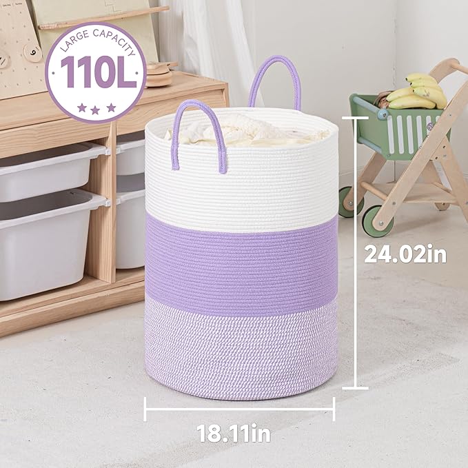 CLHMILY&Z 100L Laundry Basket Round Storage Rope Basket - 18.1x24 Inches - Lavender Hamper in Bedreoom and Cute Storage Bin for Blankets, Toys, and Nursery Essentials