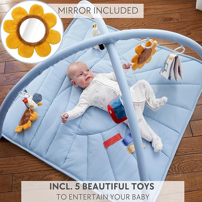 Beautiful Baby Play Gym and Tummy Time Mat - Soft Mat with 5 Farm Toys Creates The Perfect Activity Area for Your Girl/Boy - Stylish Infant Floor Playmat Fits Nicely with Any Playroom Decor