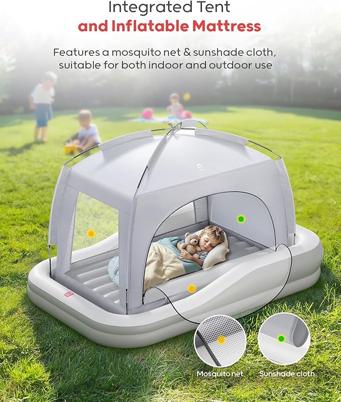 QPAU Inflatable Toddler Travel Bed with Tent, Baby Crib Tent, Portable Kids Air Mattress with Safety Bumpers, Ideal for Home, Grandma's, Camping, Traveling -Includes Fast Electric Pump (Grey)
