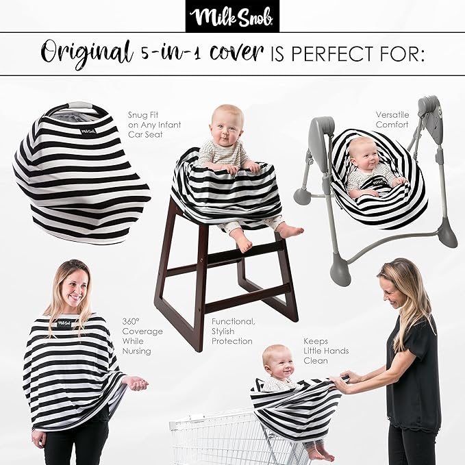 Milk Snob Original 5-in-1 Cover - Added Privacy for Breastfeeding, Baby Car Seat, Carrier, Stroller, High Chair, Shopping Cart, Lounger Canopy - Newborn Essentials, Nursing Top, Heather Gray Stripe