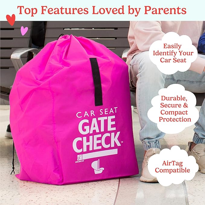 J.L. Childress Gate Check Travel Bag for Car Seats - Car Seat Travel Bag for Airplane, Includes AIRTAG Holder, Fits All Baby Car Infant Carriers & Child Booster Seats - Neon Pink