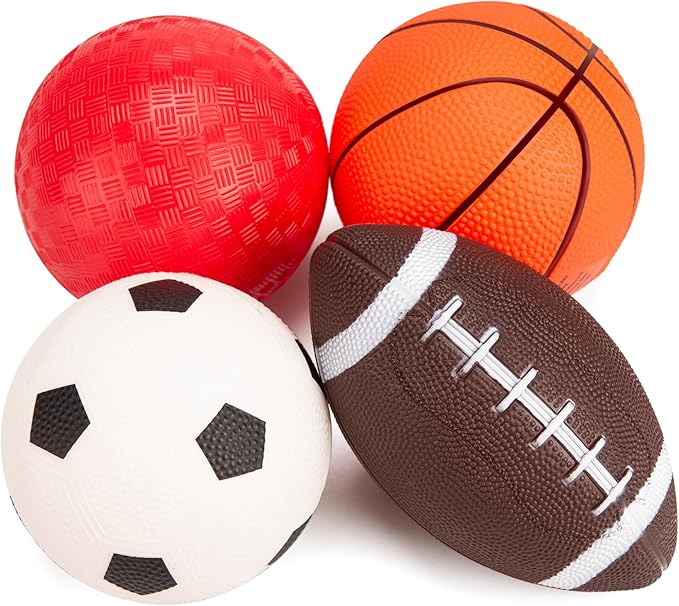 Balls for Toddlers with Pump 4 Pack 5" Small Rubber Playground Balls for Kids - 1 Football, 1 Basketball, 1 Soccer Ball and 1 Dodge Kickball - Indoor Outdoor Toys Gift