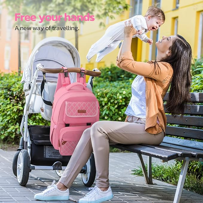 Maelstrom Large Diaper Bag,29L-45L Expandable Diaper Bag Backpack for 2 Kids/Twins Baby Stuff, with Removable Cross Body Bottle Bag for Mom/Dad, Stylish Baby Bag Gift for Boys/Girl-Pink