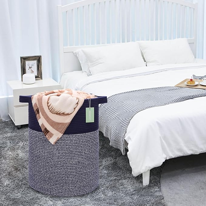 Large Laundry Hamper for Girls Boys Kids 72L, Nursery Hamper, Tall Laundry Basket, Cotton Rope Woven Blanket Basket for Storage Toys Clothes Towels, 16”x 22”, Navy Blue