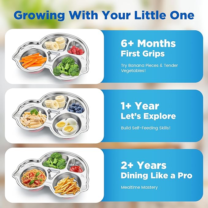 Stainless Steel Baby Suction Plates: Divided Plates Designed for Babies and Toddlers, Made of 100% Food-Grade Materials Ideal for Baby-Led Weaning BPA-Free Toddler Feeding Dishwasher Safe PINK