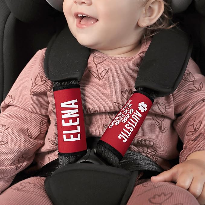 callie Medical ID on Seatbelt Covers -Autism Seatbelt Cover for Kid in Car Seats, Custom Set of 2 Multicolor Emergency Alert Carseat Straps with Name and Text Set, Gift for Allergy Autism Kids Family