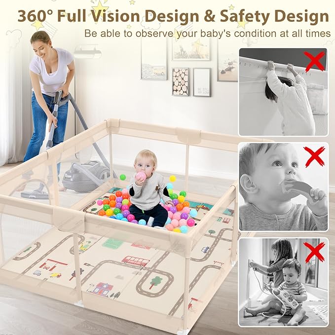 Baby Playpen with Mat 79x71inch - Extra Large Play Pen for Babies and Toddlers Indoor & Outdoor Baby Playard with Soft Breathable Mesh Cover - Sturdy Foam Infant Gate Playpen(Apricot)