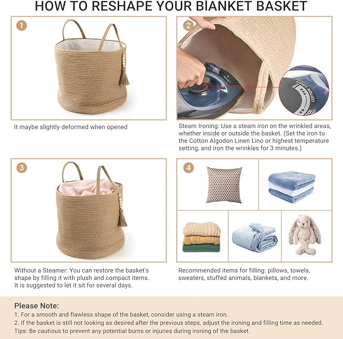 Mkono Woven Storage Basket Decorative Rope Basket Wooden Bead Decoration for Blankets,Toys,Clothes,PlantOrganizer Bin with Handles Living Room Home Decor, Grey and White, 16" W × 13.8" L