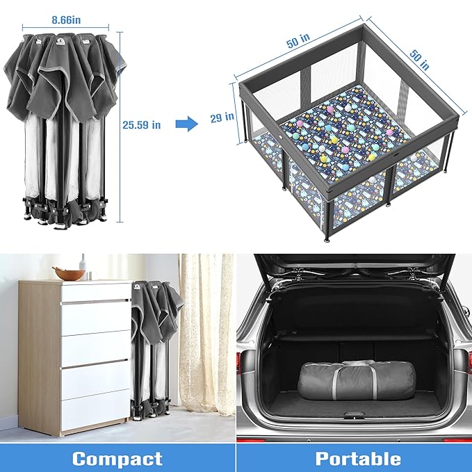 Foldable Baby Playpen, 50"×50" Play Yard Playpen for Babies and Toddlers 1-3, Portable Playpen with Mat, Play Fence Gate Corrales para Bebes