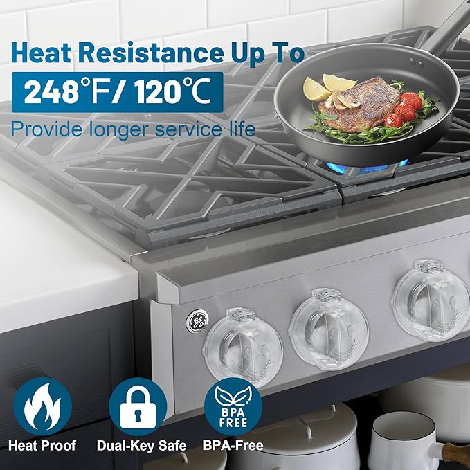 Oven Knob Covers for Child Safety 5 Pack, Clear Stove Knob Safety Covers & Gas Stove Locks, Heat-Resistant Adhesive, Double-Key Baby Proof Covers for Gas/Electric Burners,Childproof Protector for Kids