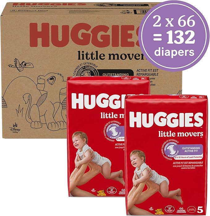 Huggies Size 5 Diapers, Little Movers Baby Diapers, Size 5 (27+ lbs), 132 Count (2 Packs of 66), Packaging May Vary