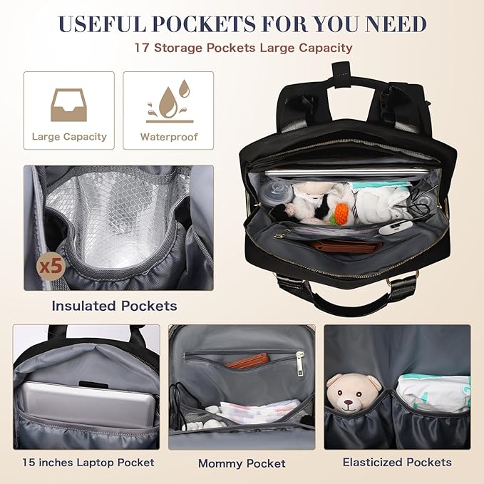 Diaper Bag Backpack, Baby Diaper Bag with 17 Pockets, Travel Baby Bag Backpack for Girl Boy, Large Diaper Bag with Changing Pad,USB Charging Port,Wet Dry Bag,Black