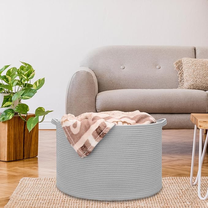 Extra Large Blanket Basket 87L, Laundry Hamper, Baby Nursery Hamper for Storage Toys Clothes Towels, Large Cotton Rope Laundry Basket for Girls Boys, 22”x 14”, Light Gray